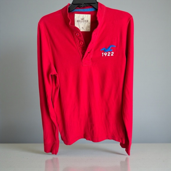 Hollister Other - Hollister Vibrant Red Henley Shirt with Blue Logo 100% Cotton